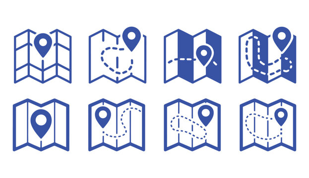 Map and location symbols set. Mapping icon collection. Geolocation map path distance. GPS cartography position. Pinpoint, map search, route, navigator - stock vector.