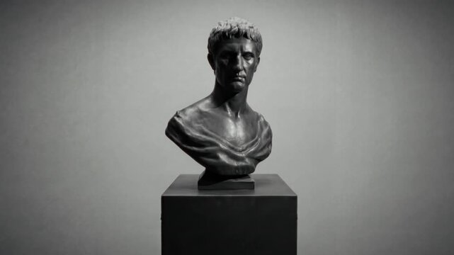 Bronze bust under careful examination. Detailfocused view of aged metallic artwork. Close inspection with soft illumination reveals wear and patina on bronze artifact