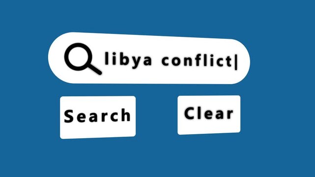 Search bar interface showing the term libya conflict with search and clear buttons and a cursor on a blue background representing online information seeking. Keywords: search bar, interface, libya