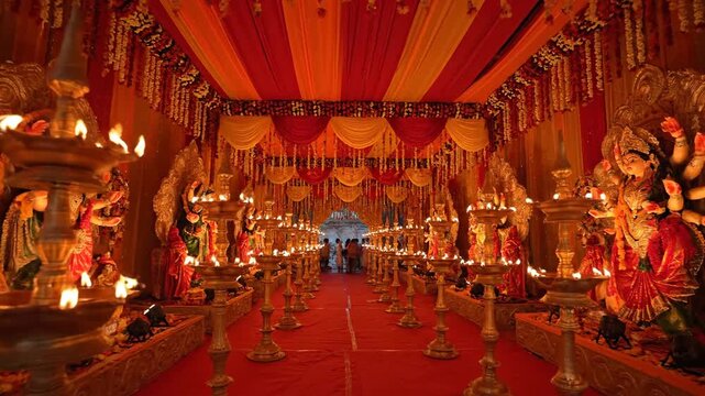 Festive Hindu Pandal Decoration Lit with Oil Lamps during Durga Puja