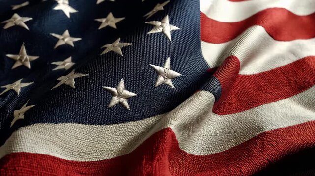 Close up view of American flag fabric showing red and blue sections with white stars and stripes