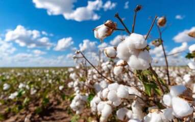 Cotton Field Harvest Under Soft Warm Hues in Clear Blue Sky