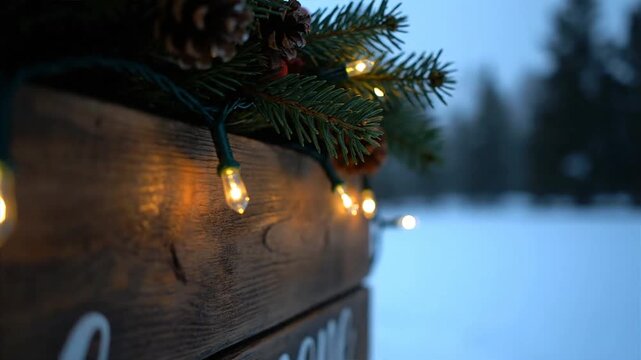Christmas decorations with string lights on a wooden surface outdoors
