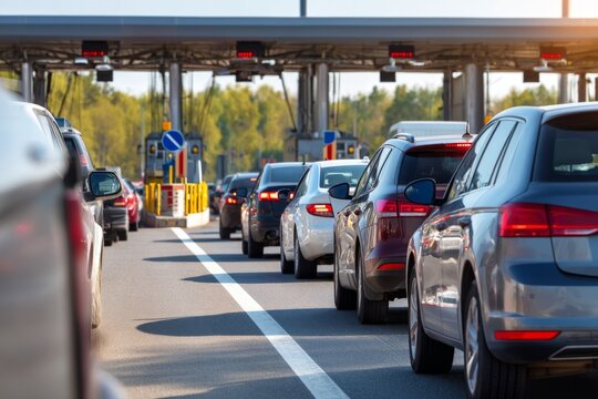 Traffic Jam at Toll Gate with Vehicles Half Open Causing Distant Delay