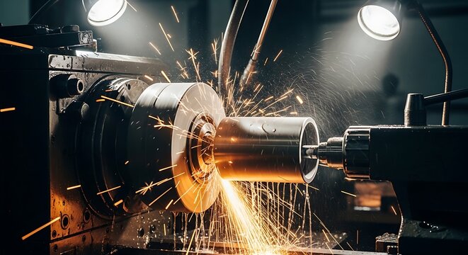 Precision metalworking with a lathe creating sparks and industrial automation in a manufacturing facility
