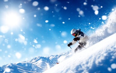 Snowboarder Enjoys Thrilling Ride Amidst Snowy Himalayas Under Blue Sky