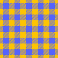 Fototapeta premium Styling tartan plaid vector, scratched check pattern background. Scrap seamless textile fabric texture in golden poppy and blue colors.