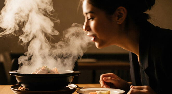 Woman Smelling Steaming Bowl of Food at Home