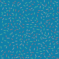 Abstract seamless pattern with colorful confetti sprinkles on blue background, vibrant geometric dash texture for wallpaper and wrapping paper.