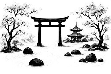 Obraz premium Japanese Zen Garden and Temple - Peaceful Spiritual Scenery Vector