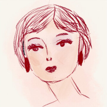 Hand Drawn Female Portrait in Red Pencil Style &ndash; Minimal Fashion Sketch Illustration, sktech