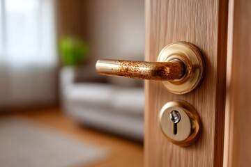 Obraz premium Close-Up of Rustic Door Handle on Wooden Door with Neutral Background