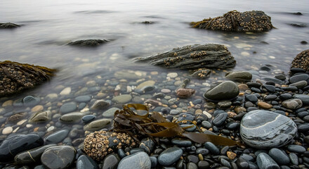 Obraz premium Seashore with Seaweed and Pebbles