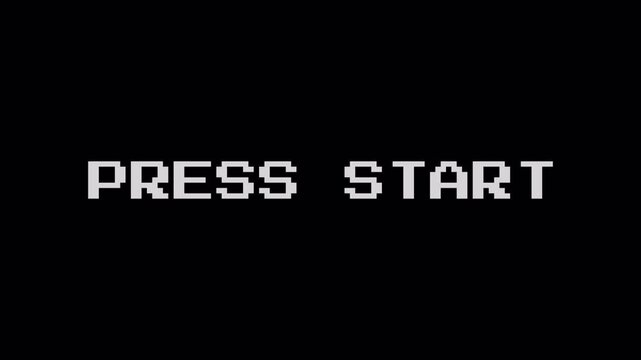 Press start text animation. Retro pixel game screen message on alpha background