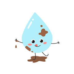 Funny playful dirty cartoon water droplet in mud