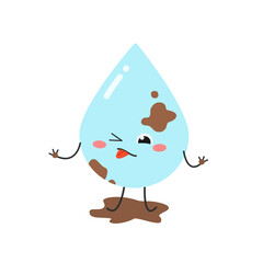 Funny unhappy cartoon waterdrop character in dirt
