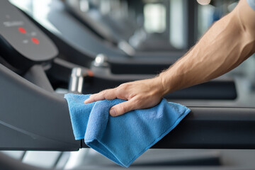 A person's hand wiping down a treadmill with a blue towel