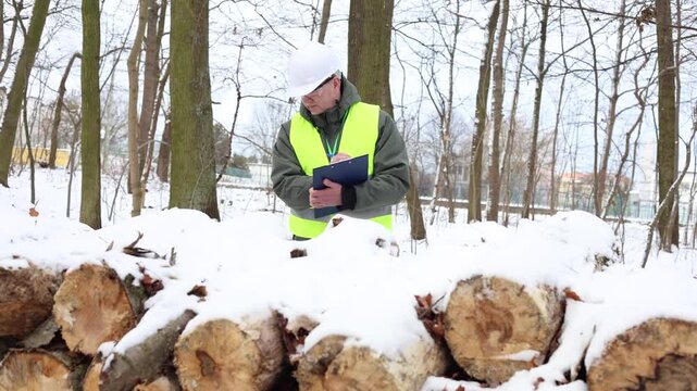 Male forest inspector or ecologist in a safety vest examining a pile of cut firewood logs in a snowy winter woodland. The specialist is conducting a quality control check, measuring timber.