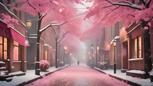 pink cherry blossom street in snowy town