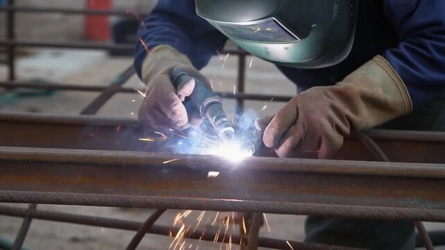 welder working on metal frame with sparks