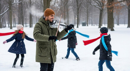 Man playing violin in a snowy park with children