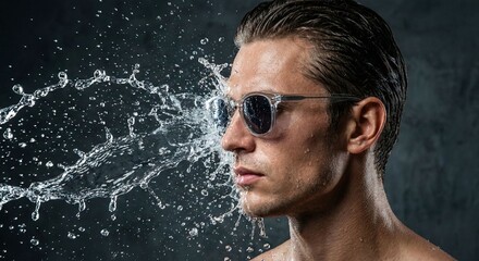Wet Man In Sunglasses With Water Splash
