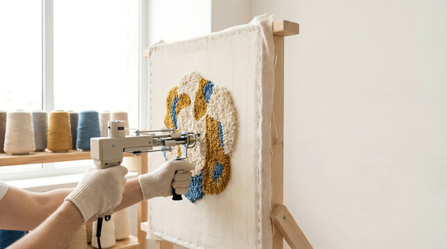 Hands operating tufting gun making handmade rug on fabric frame modern textile art creator economy home studio workspace