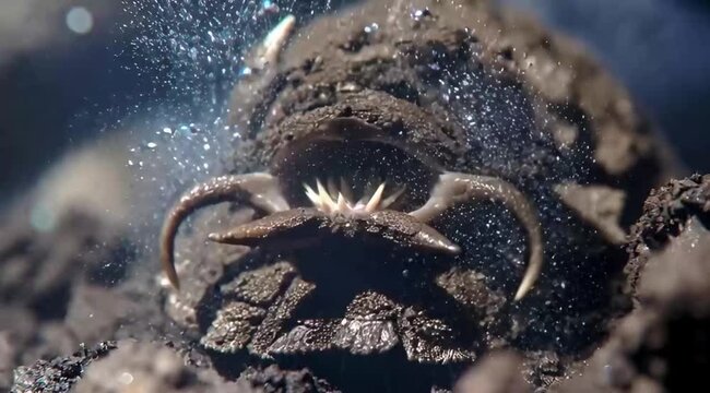 Antlion larva close up macro shot of head with large mandibles in dirt sand vertical orientation dramatic cinematic mood