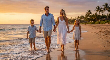 Happy Family Walks on Tropical Beach at Sunset