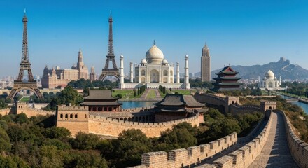 Naklejka premium Panoramic view of iconic landmarks from around the world, including the Eiffel Tower, Taj Mahal, and the Great Wall of China