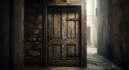 Fototapeta premium An old wooden door in a narrow alleyway with stone walls
