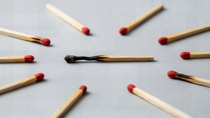 Burnt matchstick surrounded by unlit matches