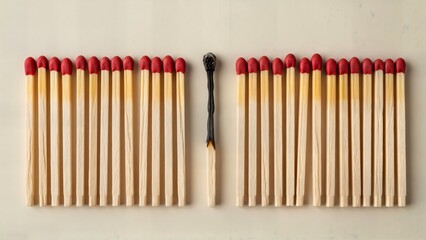 Burned matchstick separating a group of unused matches, concept of individuality