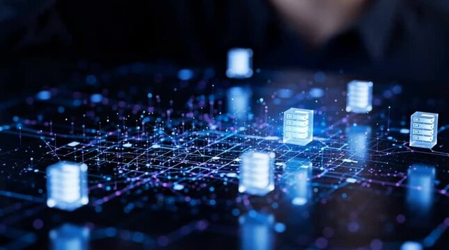 Close-up shot of glowing blue server stacks on a network motherboard with a person in the background, conveying a futuristic and technological mood.