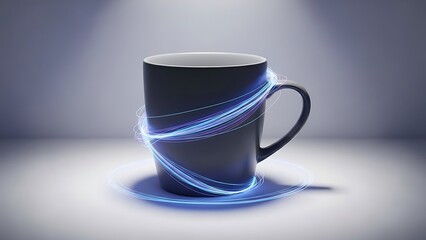 Modern black coffee mug with dynamic blue light trails