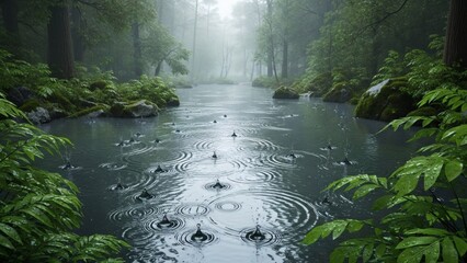 Serene Forest Pond with Ripples and Fog.