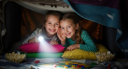 Fototapeta premium Two young girls enjoying a cozy movie night in their fort