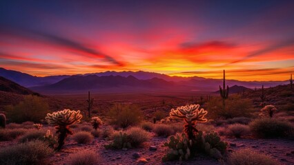 Vibrant Desert Sunset Landscape with Cacti.