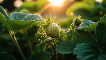 Strawberry Plant with Unripe Fruit in Garden.