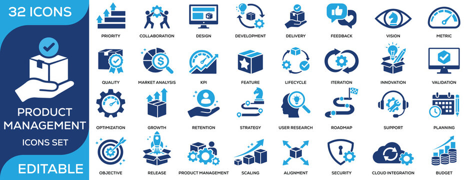 Product management solid icon set featuring design, development, KPI, roadmap, lifecycle, feedback, optimization, and release. Flat vector icons for product and business projects.