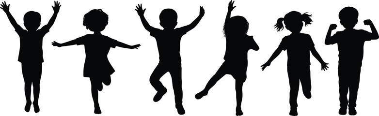 Children silhouettes in playful poses, running jumping dancing illustration, childhood activity concept, lifestyle design representation, energetic movement artwork
