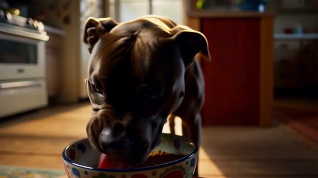 Pitbull dog eating from a patterned bowl, head partially hidden in shadow, ears clearly visible, with blurry dim kitchen background