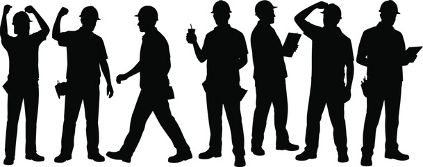 Construction worker silhouettes set with hard hats, engineers and builders in various poses, industrial labor group isolated on white background, vector. (23 words)
