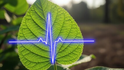 Green Leaf with ECG Pulse Line.