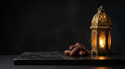 Luxury Minimal Ramadan Lantern with Dates on Dark Background