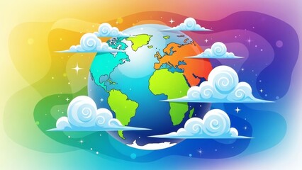 Colorful Globe with Clouds and Rainbow Background.