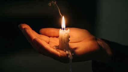 Hand Holding a Lit Candle in Darkness.