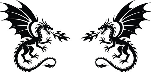 Obraz premium Dragon silhouettes facing each other with fire, fantasy mythical creature illustration, heraldry tattoo design concept, symmetrical wings posture, powerful graphic representation