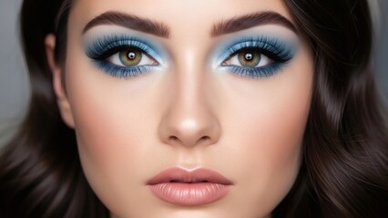 Woman with blue eyeshadow and long eyelashes.