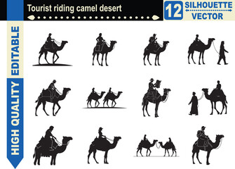 Silhouette set of 12 tourists riding camels in the desert dunes, representing adventure travel, exotic vacations, safari journeys, and exploration.